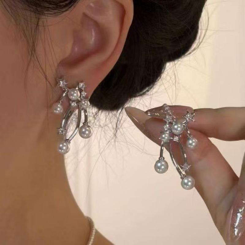 Silver Needle Zircon Star Pearl Pendant Earrings Light Luxury Premium Temperament Earrings Personality Fashion Versatile Earrings Women