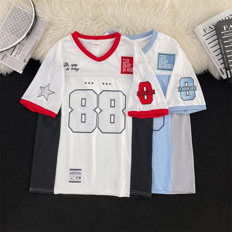 American street loose v-neck football No. 88 jersey women's short-sleeved T-shirt casual oversize versatile top ins