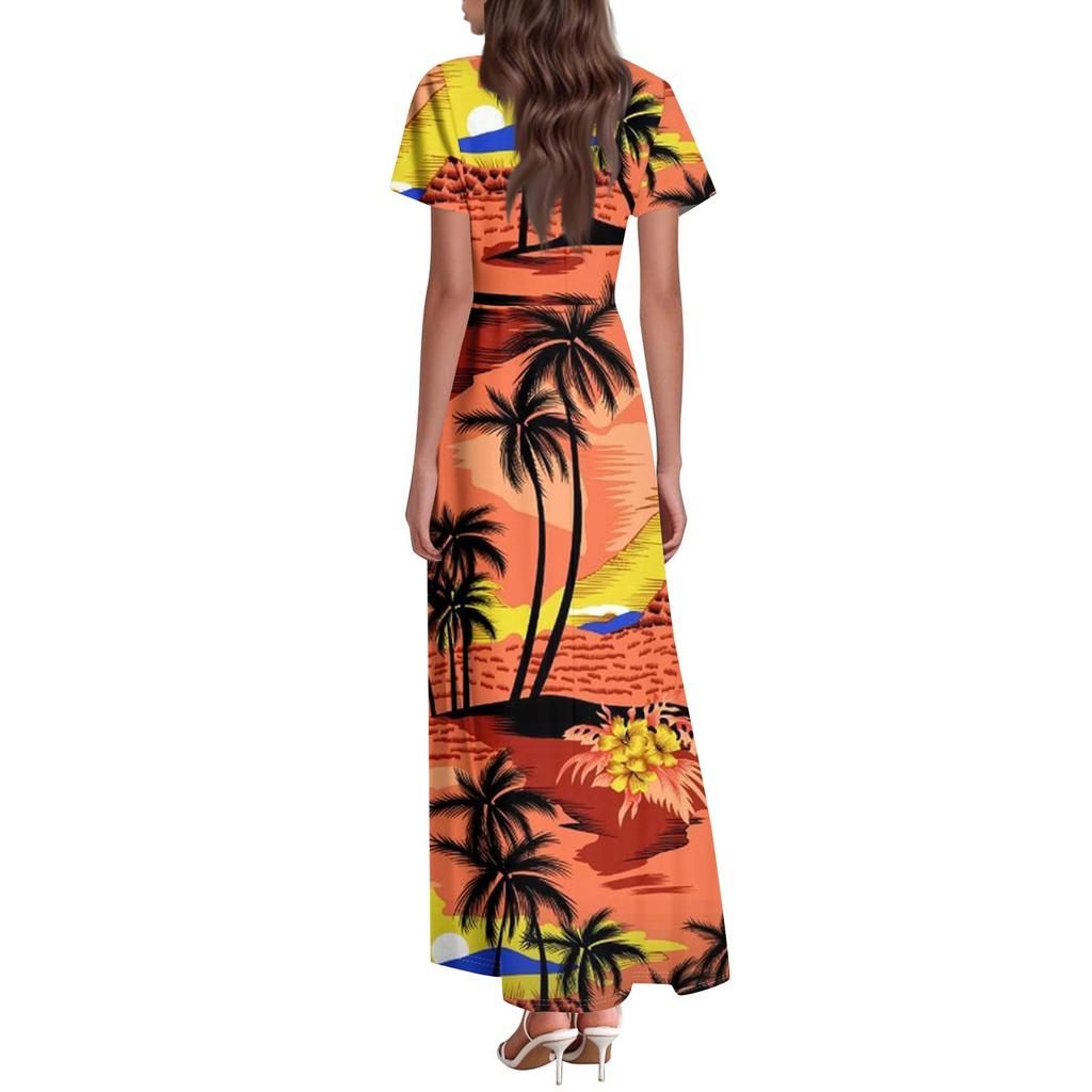Damenkleid mit Hawaii-Print, lässig, Rundhalsausschnitt, kurzärmelig, hohe Taille