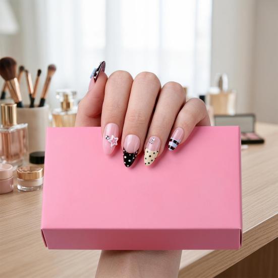 1 Set Press On Nails Salon Quality Almond French Tip Stick-on Fake Nails Removable 3D Charm Women Full Cover Glue On False Nails