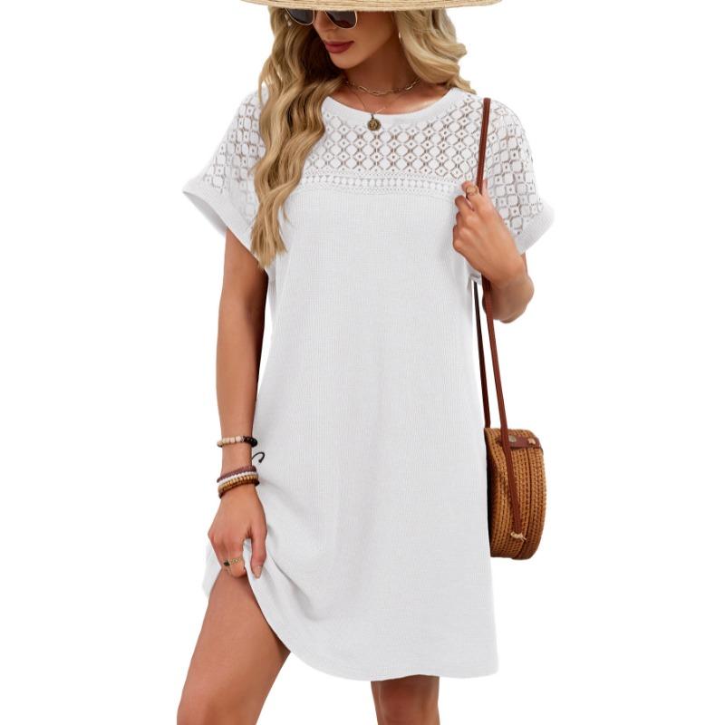 Spring/Summer Lace Splicing Loose Short Sleeve Dress New Solid Color Sweet A-line Dresses Round Neck Elegant Solid Color Casual Simple Party Clothing