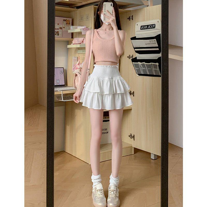 White chiffon cake skirt women's summer small high waist thin sweet lotus leaf edge a word puffy skirt