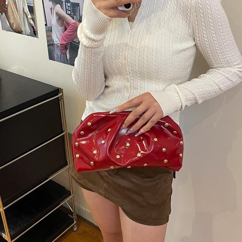 Yogodlns Simple Versatile Clip Evening Handbags for Women Solid Color Rivet Pleated Design Ladies Clutch Female Soft Pu Leather Purse
