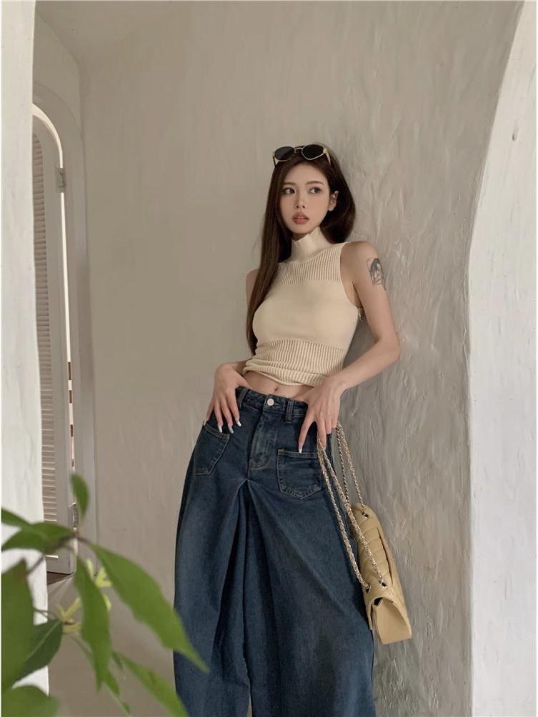 Vară Picant Gât Înalt Fără Mâneci Tricotat Crop Top Cămașă de corp - Articol de îmbrăcăminte exterioară scurtă decupată pentru femei