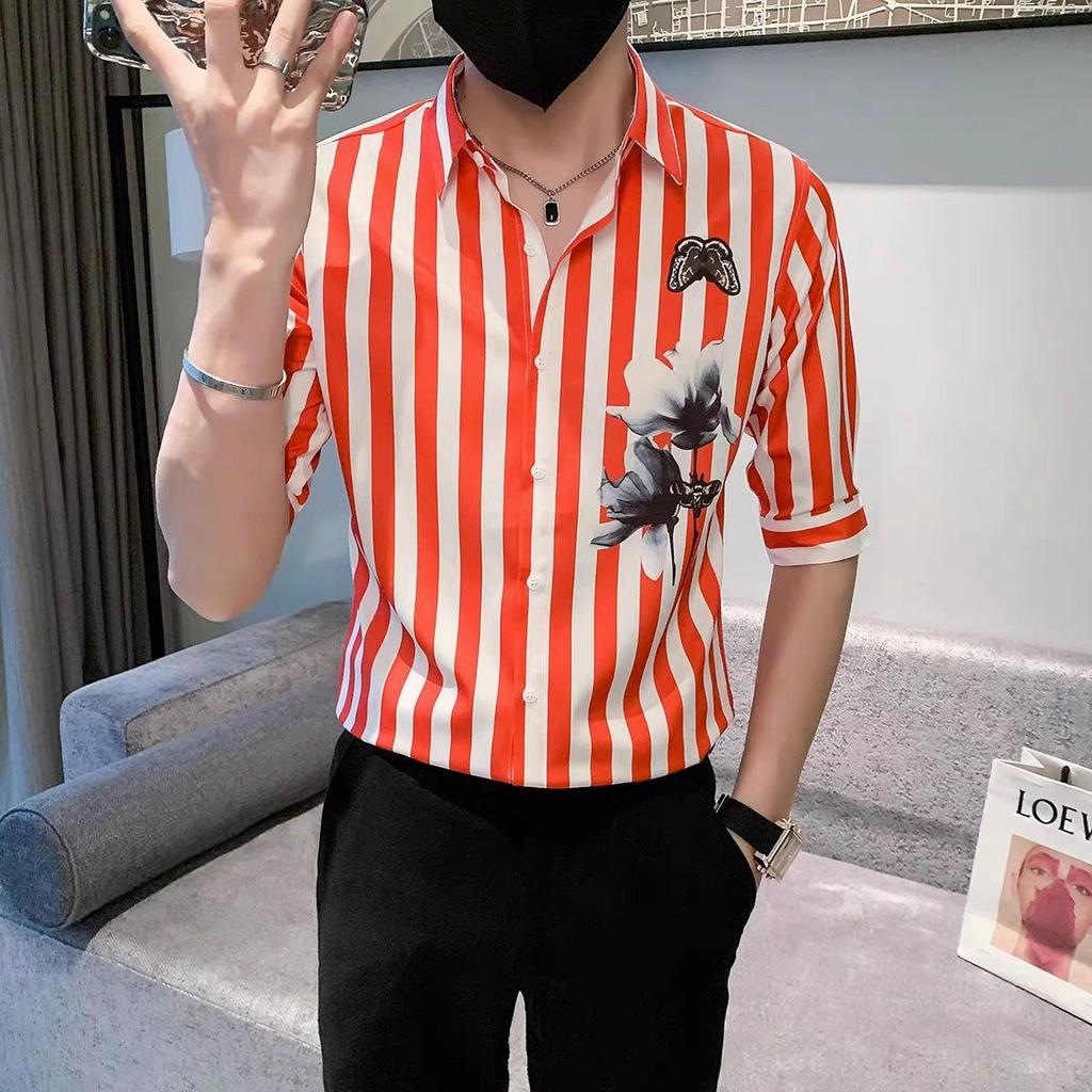 Striped Shirt Men's Five-point Sleeve Mid-sleeved New Trendy Slim Korean Printed Handsome Shirt