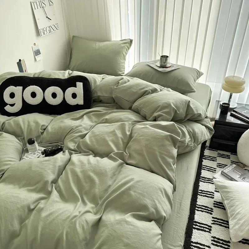 Washed Cotton Bed Linen Bedding Set 3/4 Pieces Bed Sheets Set Solid Color Comforter Cover Couple Queen King Size Bed Quilt Cover