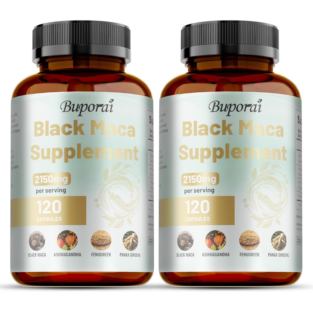 Buporai - Black Maca Dietary Supplement Capsules - With Ashwagandha, Fenugreek, and Ginseng - Energy