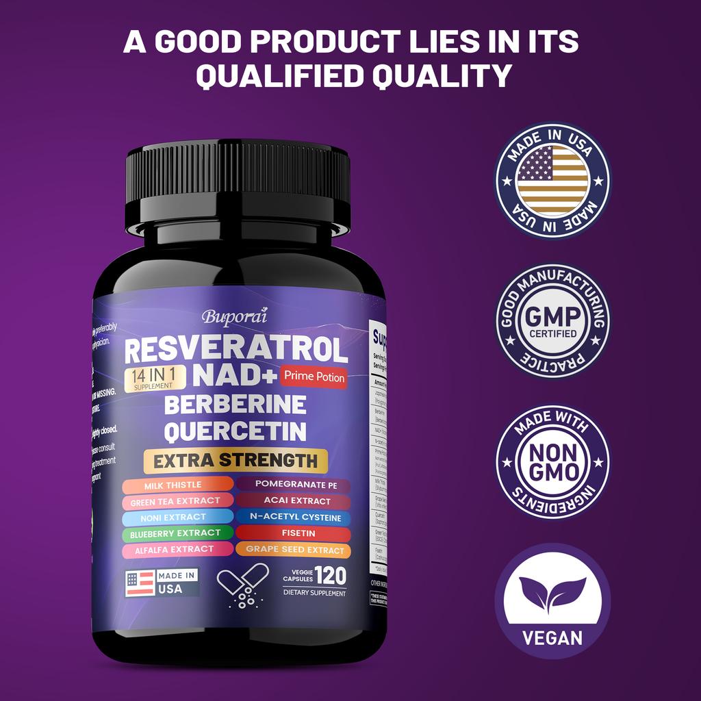 Buporai Resveratrol Supplement, containing milk thistle, berberine, green tea, blueberry, and grape seed extract, suitable for adults.
