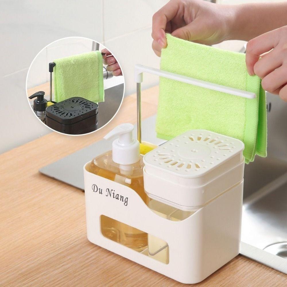 4-in-1 Hand- und Geschirrspülmittelspender Set Nachfüllbarer Kunststoff-Druckseifenspender mit Schwammhalter Lappenhalter