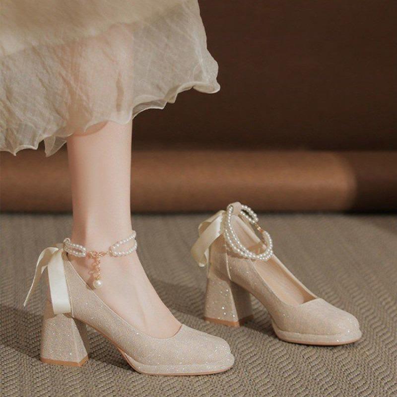 Spring and Summer New Platform Platform Wedding Shoes Two Wears Block Heel High Heel Single Shoes for Women