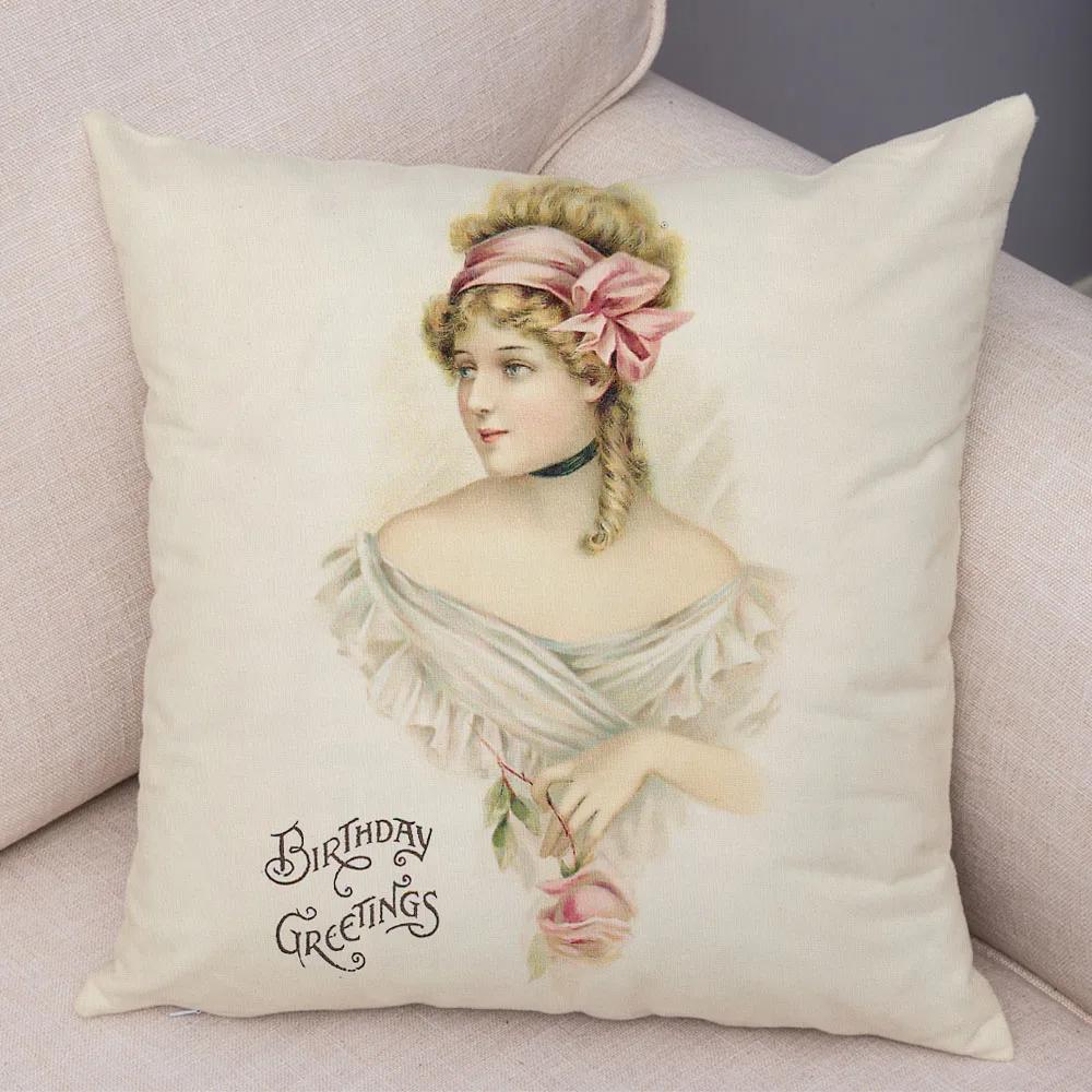 European Lady Cushion Cover Decor Vintage Style Elegant Women Print Pillowcase for Sofa Home Car Soft Plush Pillow Case 45x45cm