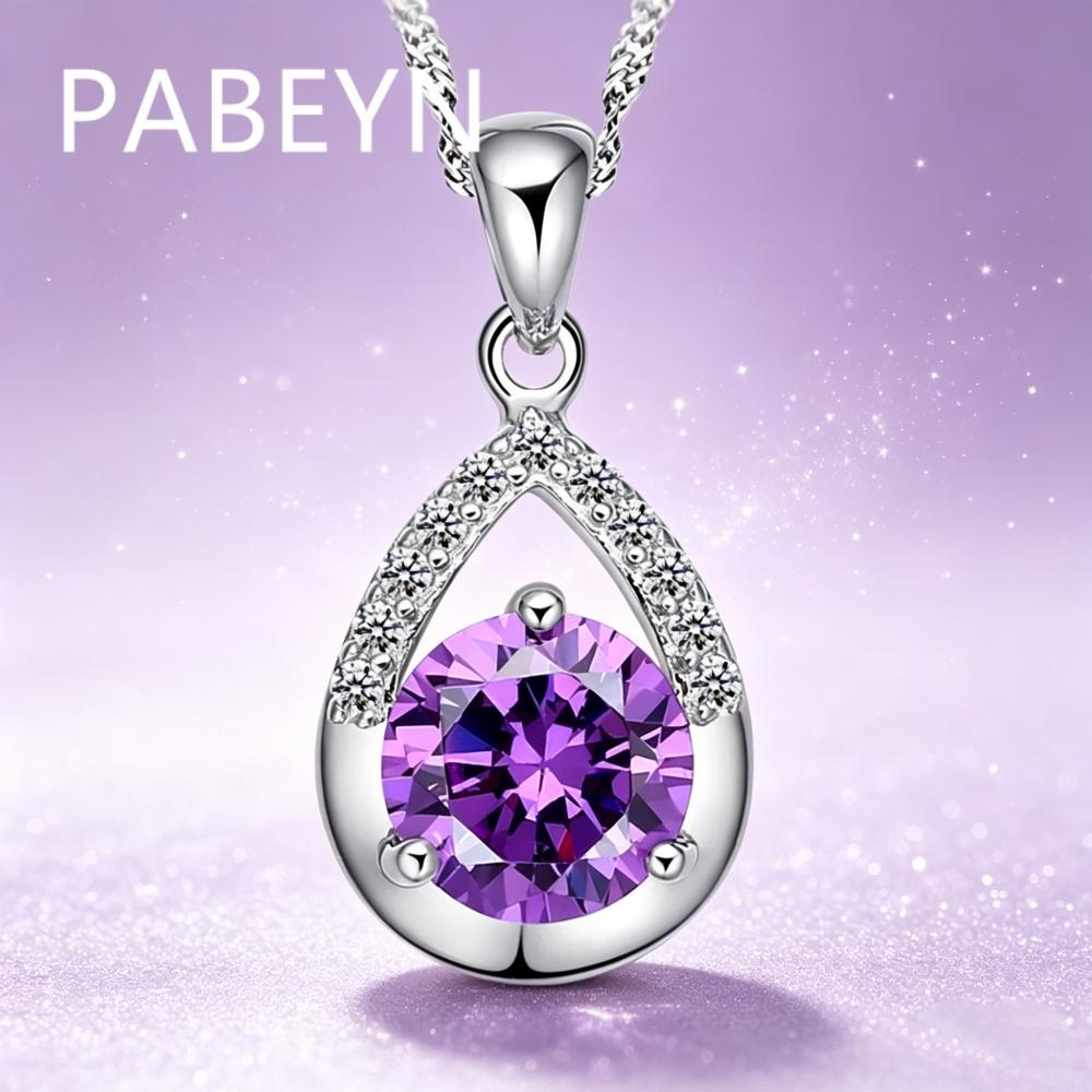 925 Sterling Silver Stylish Simple White Purple Zircon Droplet Pendant Necklace, Birthday Party Anniversary Gift, Ladies Jewelry