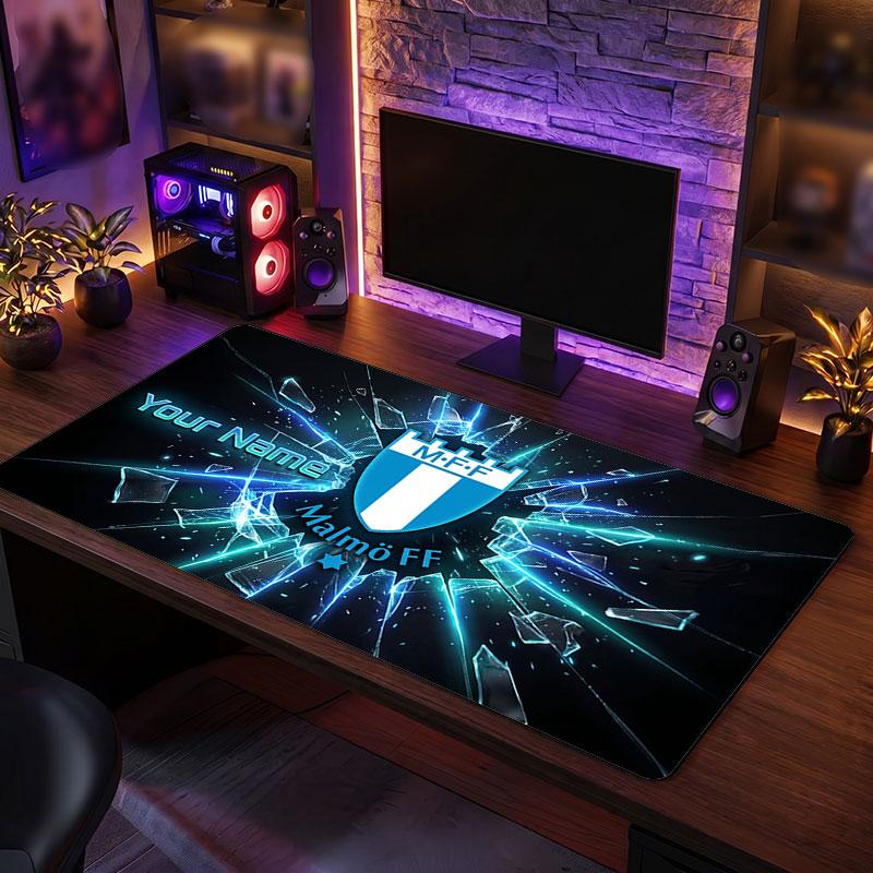 Malmö FF Custom Large Mouse Pad, Personalized Name Text Print, Football Logo Non‑Slip Desk Mat Gaming Gift