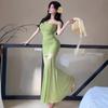 Spice Girl Pure Desire Mesh Splicing Suspender Dress New Waist Thin Pleated Temperament Fishtail Long Dress Female Summer