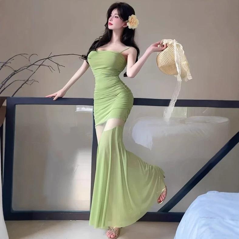 Spice Girl Pure Desire Mesh Splicing Suspender Dress New Waist Thin Pleated Temperament Fishtail Long Dress Female Summer