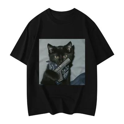 2025 Autumn and Winter American Men's and Women's Fun Cat Print T-shirt Pure Cotton Round Neck Comfortable High-quality T-shirt
