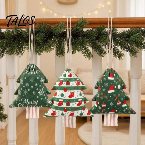 Snowflake Pattern Gift Holders Christmas Tree Shaped Drawstring Bags, Xmas Hanging Treat Sacks, Flannel Decorations Holiday Candy Small Storage