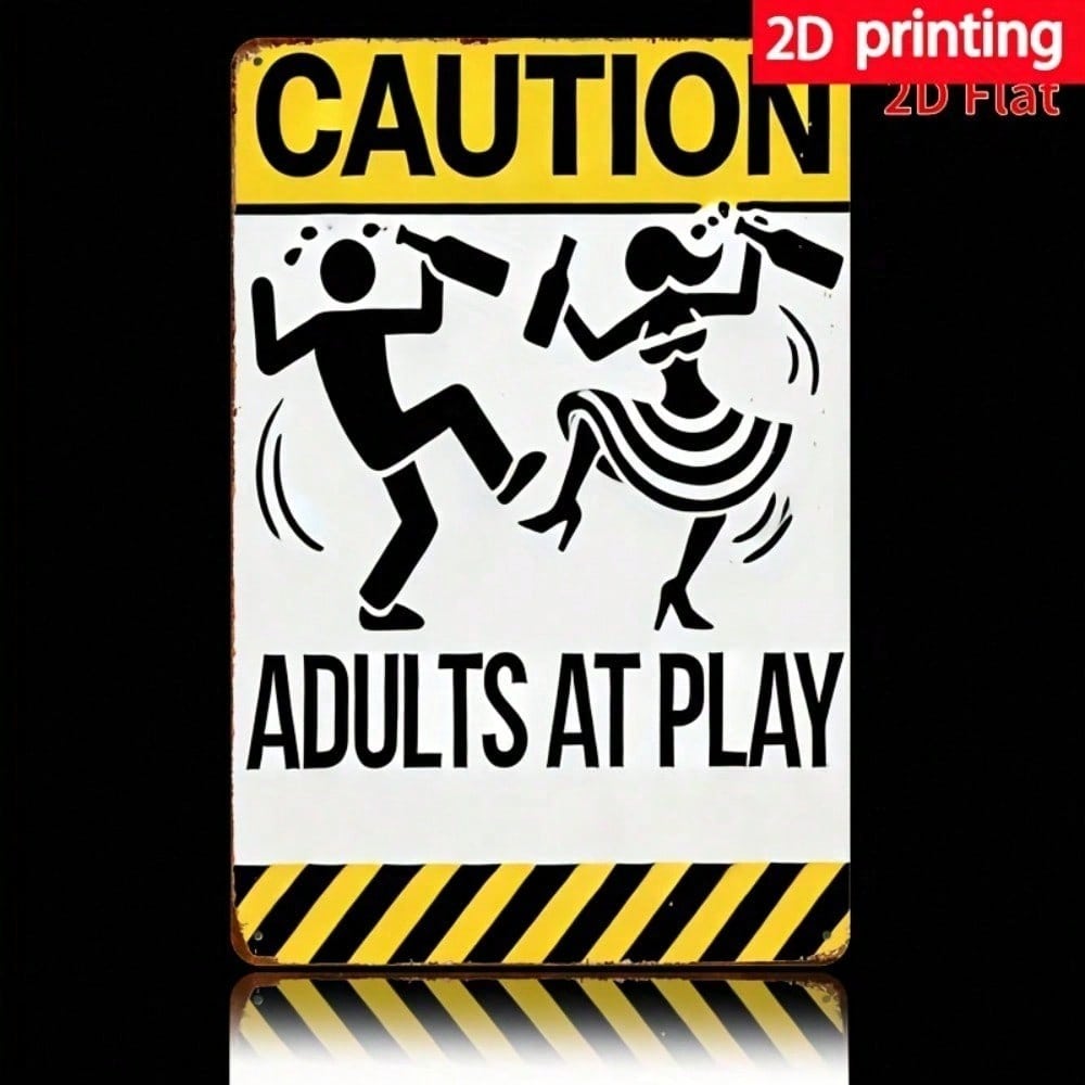 Funny Vintage Metal Wall Sign Adults At Play Caution Silhouette Iron Home Decor 8x12 Inch