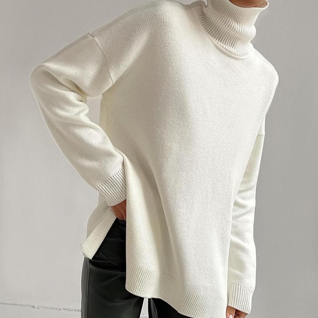 Dámské roláky s rozparkem Oversized Pletené svetry s dlouhým rukávem Ležérní trendy podzimní zimní outfity Jednobarevné základní svetry pro ženy