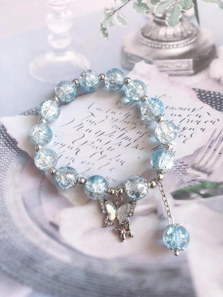 New Women's Mori Style Butterfly Glass Bracelet with Colorful Crackle Beads