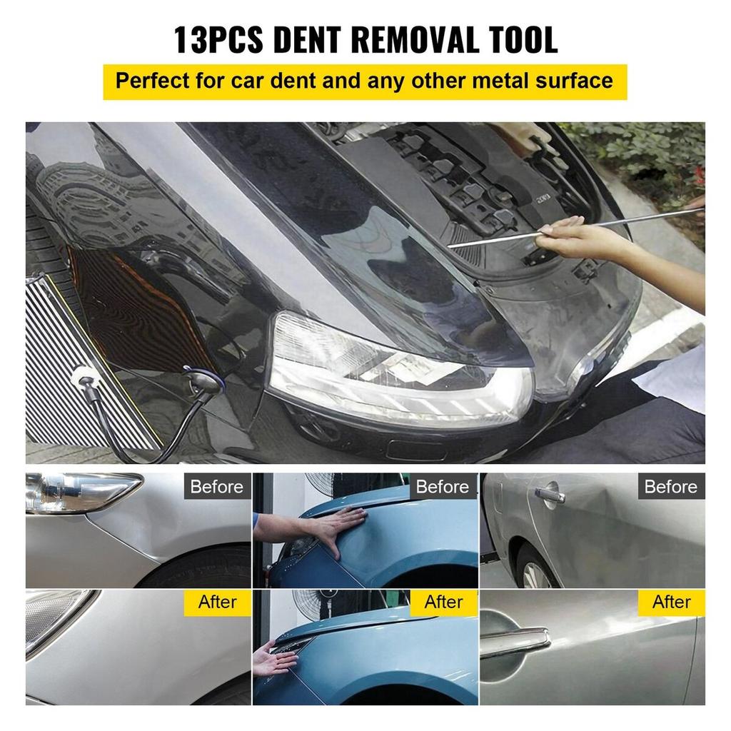 Rods Dent Removal Kit, 13 Pcs Paintless Dent Repair Tool, 5 Pcs Stainless Steel Dent Rods, 8 Pcs Tapper Heads, Professional Hail Dent Removal Tool for