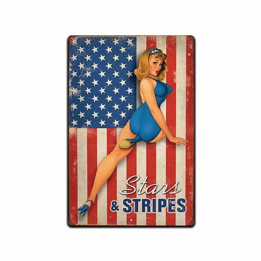 

TIN SIGN Stars And Stripes Pin-Up Hot Rod Girl Auto Shop Garage Cave