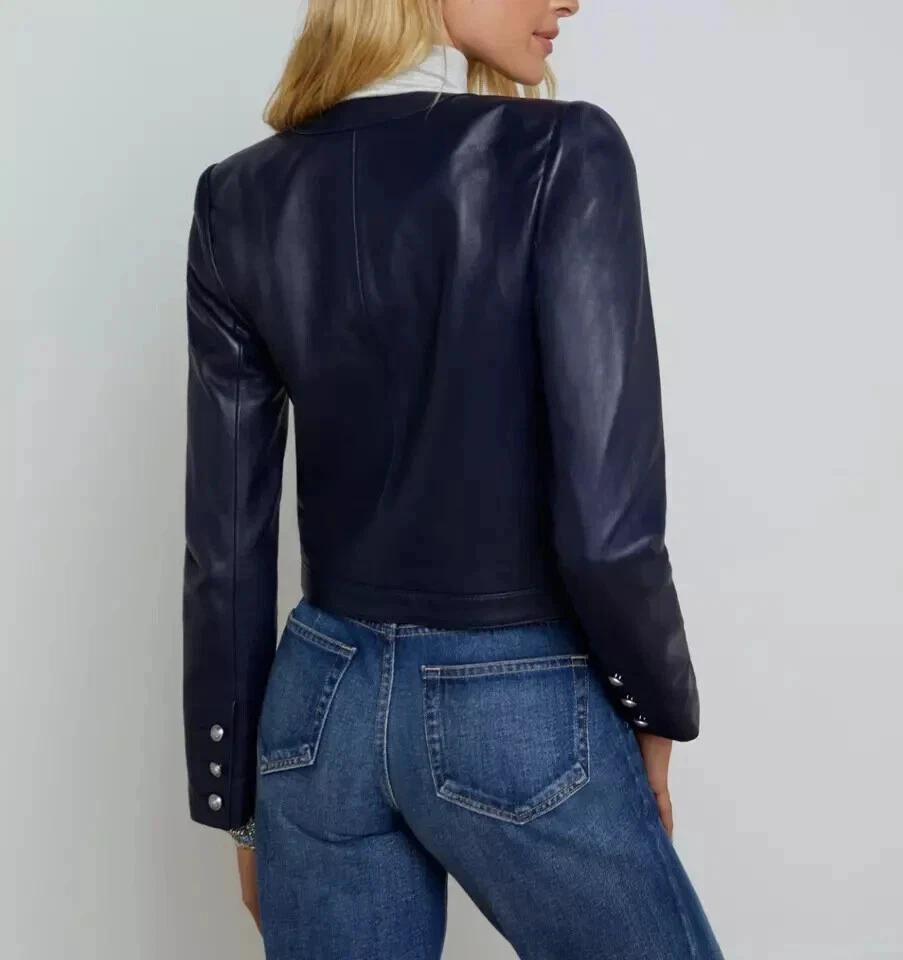 Women's Stylish Navy Blue Jacket Biker Real Lambskin Leather Trucker Motorcycle