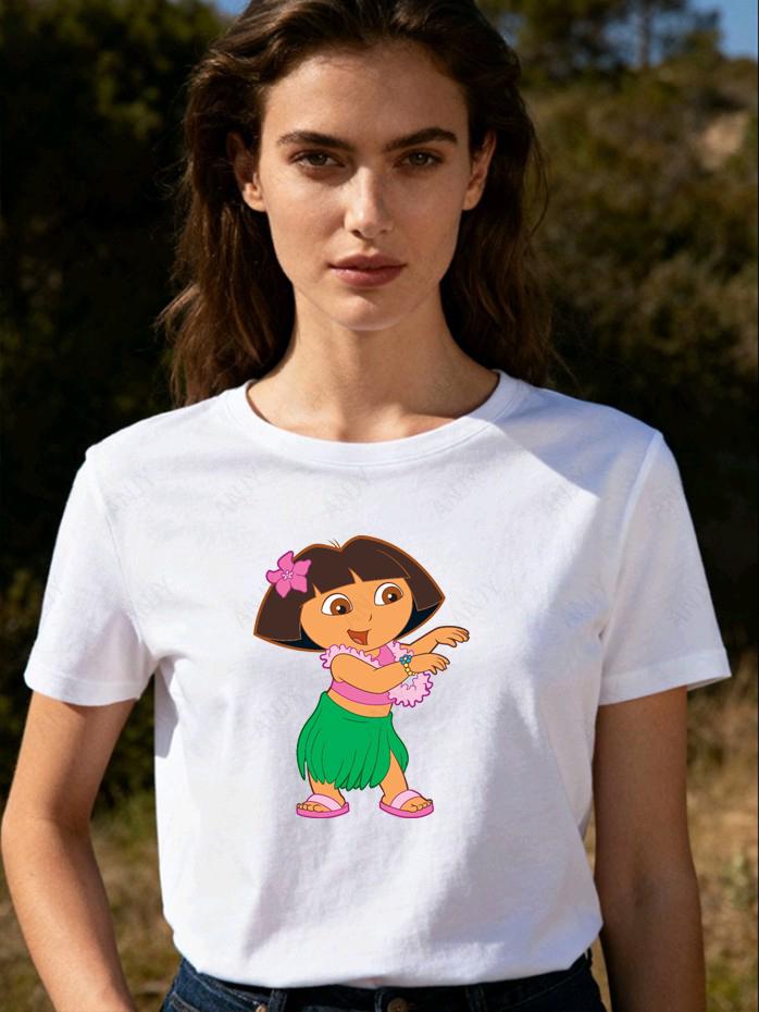 Dora The Explorer Cartoon Print Short Sleeve Loose Fit Pure Cotton Round Neck T-Shirt Cute Unis