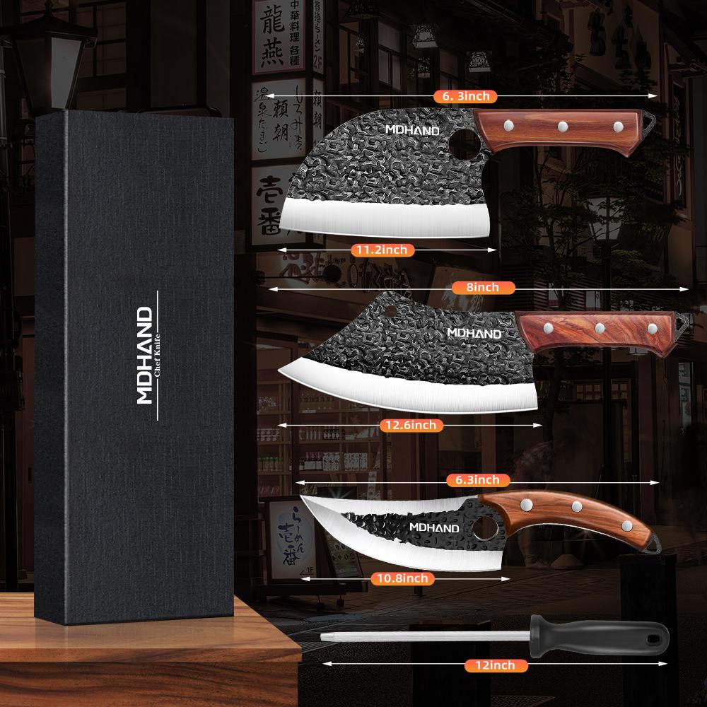 Set de Cuțite de Măcelărie cu Lamă din Oțel cu Carbon Ridicat Forjate Manual cu Mâner Ergonomic din Lemn Set de Cuțite de Bucătărie