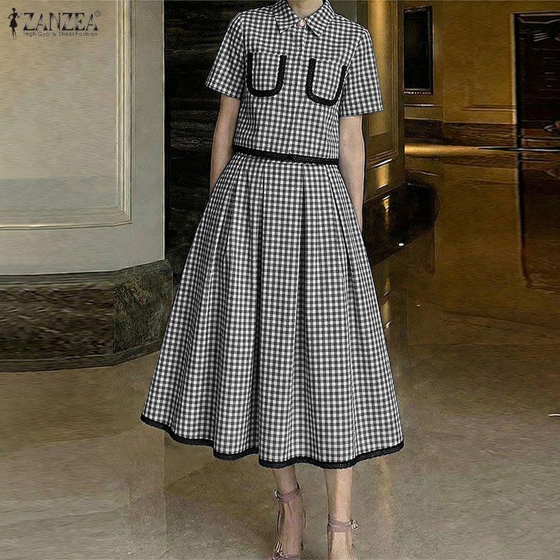 ZANZEA Women Short Sleeve Blouse and Long Skirts Plaid Print Two Piece Suit Sets
