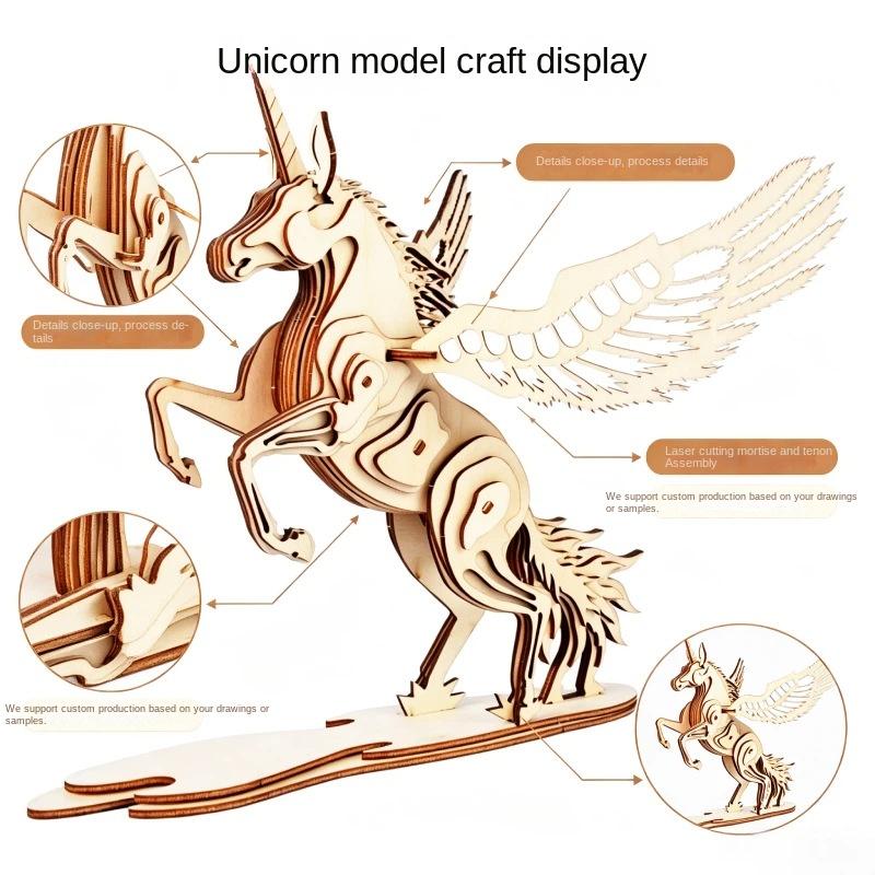 Unicorn Pegasus Wooden 3D Puzzle Model Kit Traditional Mortise and Tenon Assembly DIY Craft Ornament Desk Decor Gift