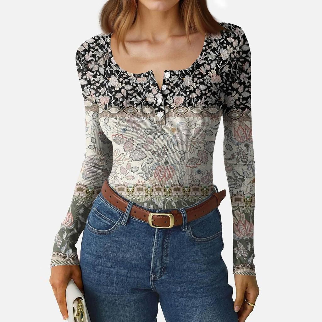 Women's Slim Bottom T-shirt Fashion Casual Gradient Printing Round Neck Pullover Long Sleeve Top