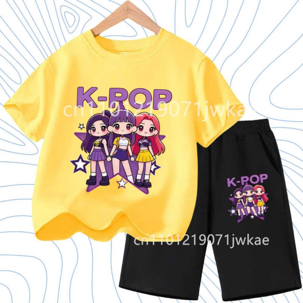 2026 Summer New K- POP Korean Idol Style Boys Girls Outfits Two-Piece Set with  Printed Short-Sleeve T-Shirt Shorts