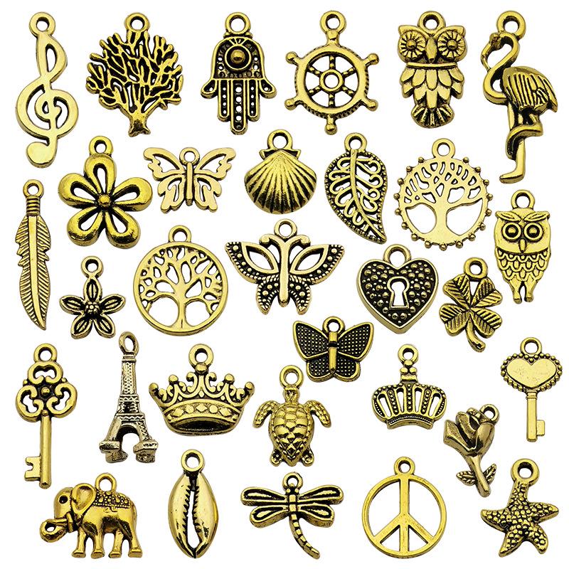 30 Mixed Antique Gold Crown Owl Alloy Pendants for DIY Vintage Retro Jewelry.