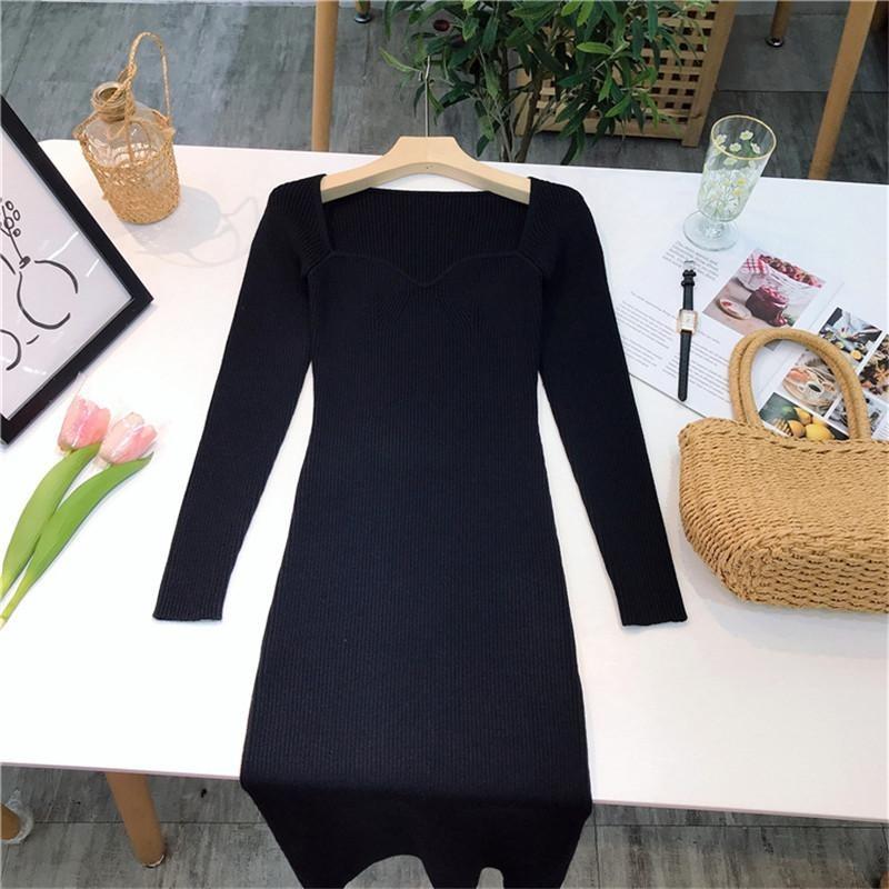 Square Neck Ribbed Thicken Warm Knitted Dresses Women Long Sleeve High Stretch Basic Bodycon Dress Streetwear Vestidos C-121