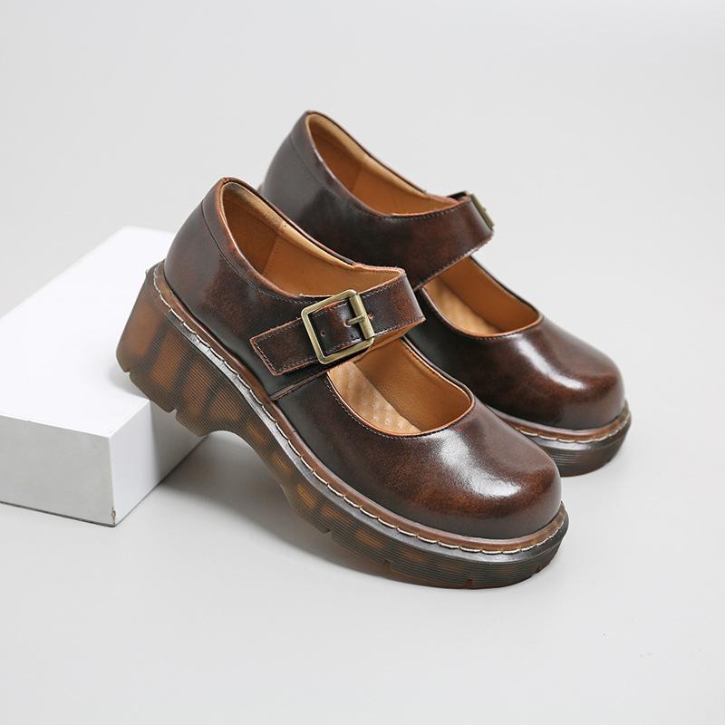 Mary Jane Shoes Japanese Soft Girl Thick-soled Round Head One-word Buckle Heightening Small Leather Shoes Women