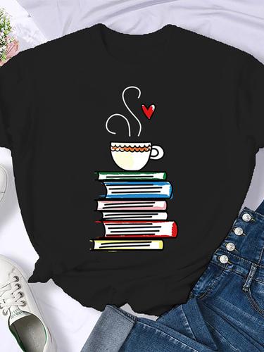 Woman Plus Size Round Neck Half Sleeve T-shirt Printed T-shirt Top New T Shirt Coffee Books Brown Books American Retro T-shirt