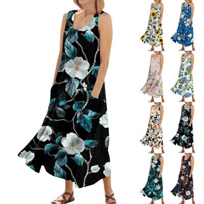 Damen-Sommerkleid, lässig, modisch, mit Blumenmuster, ärmellos, Rundhalsausschnitt, Taschenkleid