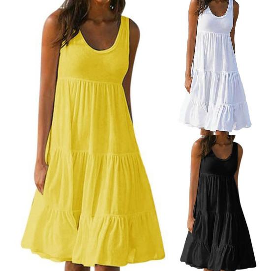 Ärmelloses Damenkleid Einfarbige Dünne Spleißung Großer Saum O-Ausschnitt Midi-Kleid Streetwear