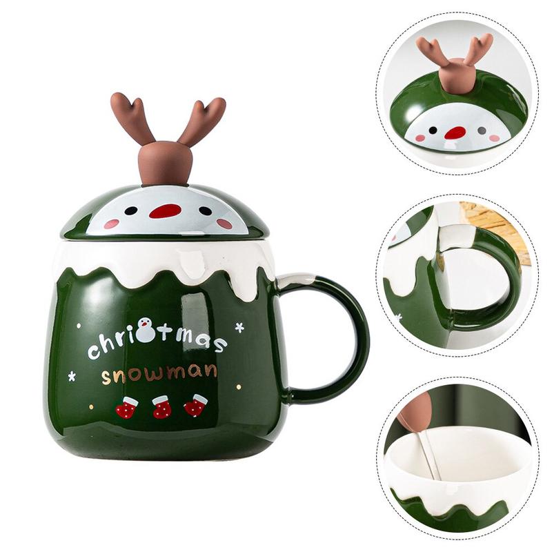 1 Christmas ceramic coffee cup with spoon and lid, colored coffee cup, portable drink, breakfast, drinks, party utensils
