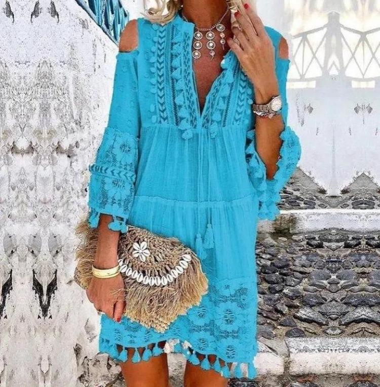Off Shoulder Bohemian Maxi Dress Embroidered Lace Trim Fringe