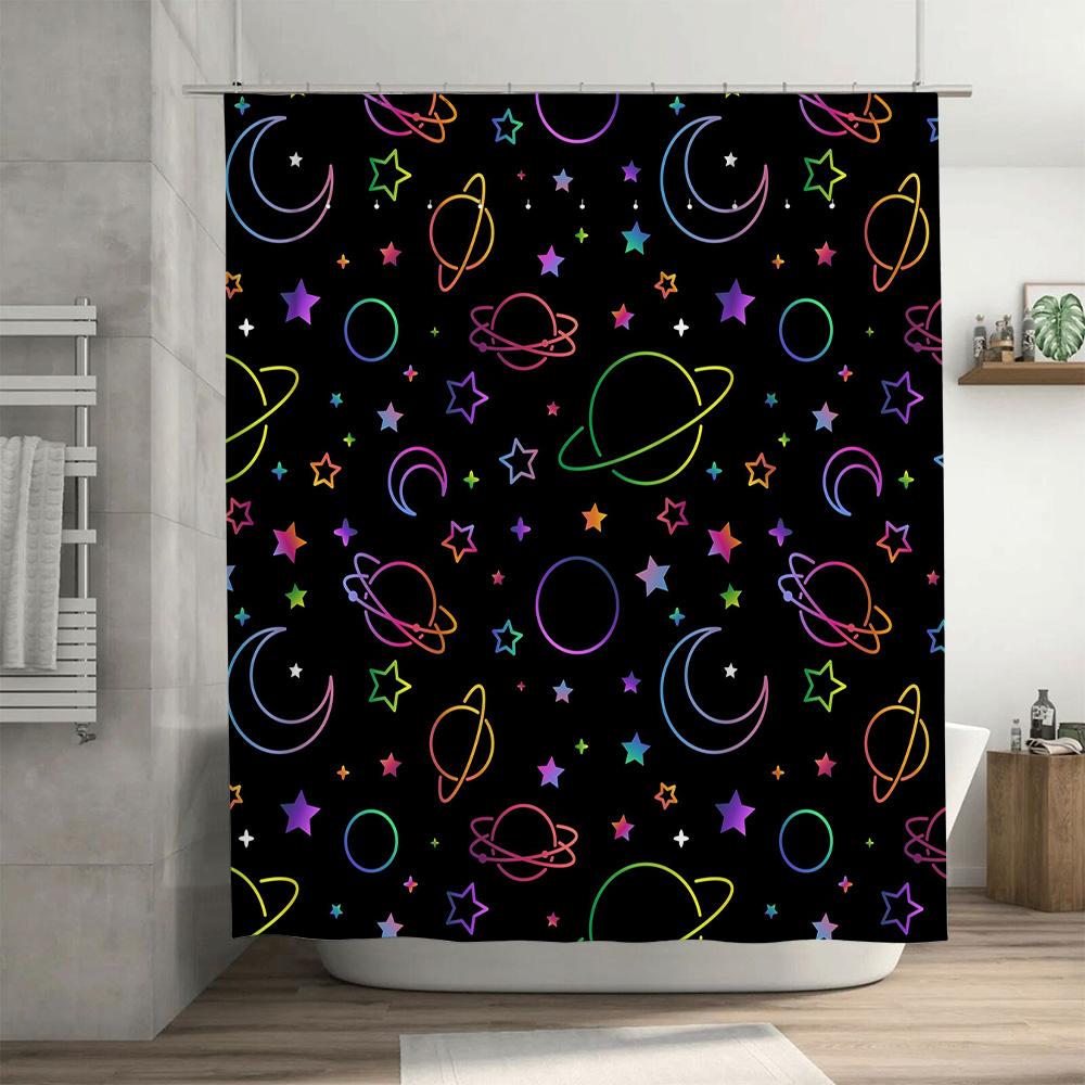 Space-themed Shower CurtainCosmic Pattern with Stars, Planets, and Moons Vibrant Colors for Bathroom Decor