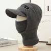 Men'S Velvet Lined Knitted Beanie Winter Hat With Collar, Outdoor Cycling Sports Cap For Men Black/Gray One Piece New Keep Warm
