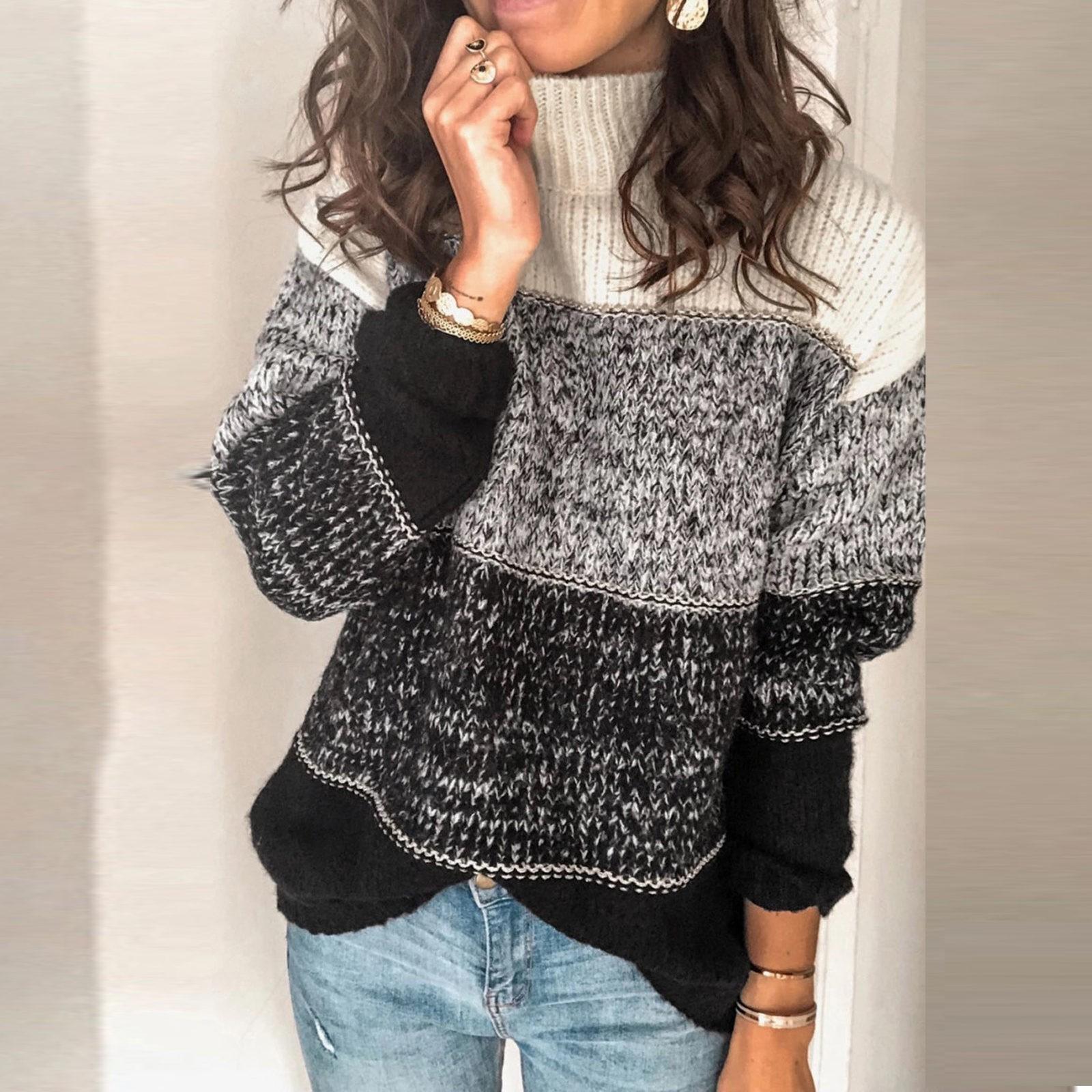 

Women Loose Stripe Print Stitching Long-Sleeved Knitted Sweater L чорний