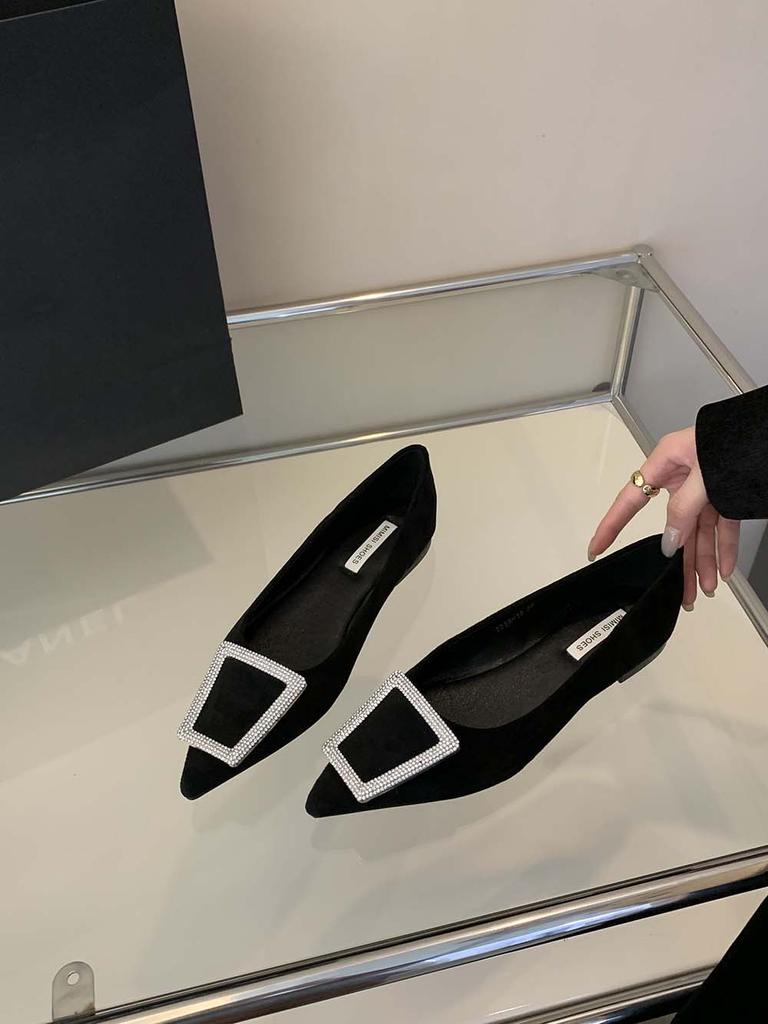Fashion Khaki/Black Women Flats Loafers Pointed Toe Shallow Slip On Ladies Dress Shoes Rhinestone Buckle Flat Low Heeled Fashion Daily