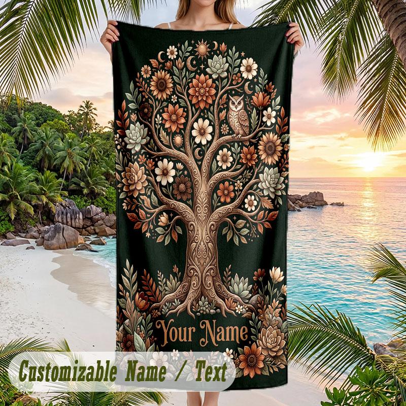 Autumnal Sun Celebration Theme Quick Dry Beach Towel Custom Name Text Print Large Sand Resistant Towel Beach Vacation
