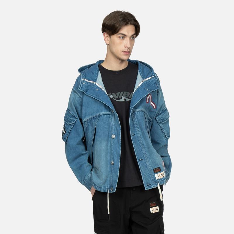 Evisu Little Seagull Letter Print Hooded Jacket Men Jackets Denim-Blue 2ESHTM3DJ235LFCT