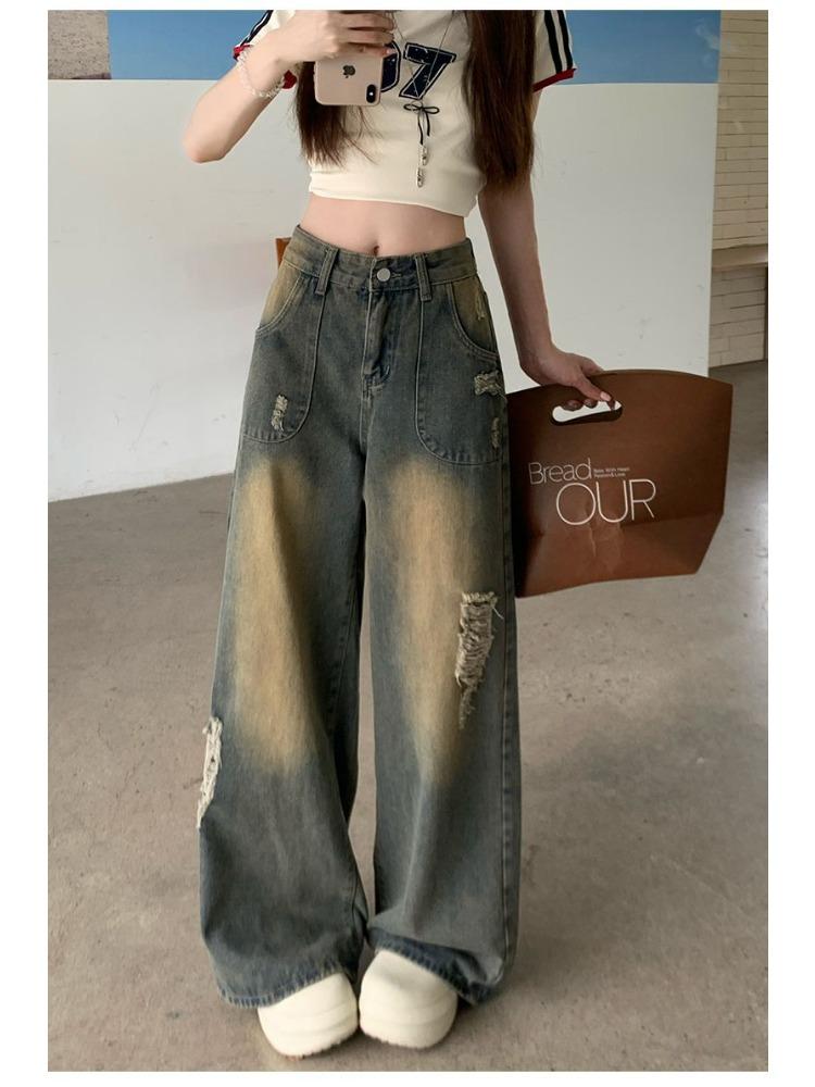 Design Sense Hole-breaking Jeans Women's Niche Straight High-waisted Vintage Dragging Floor Wide-legged Trousers Jeans for Women Long Denim Pants