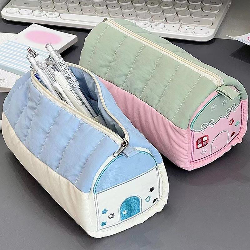 1Pc Multi Functional Embroidery Stationery Box Large Capacity Pen Bag Simple Stationery House Pencil Case Cotton Pen Storage Bag