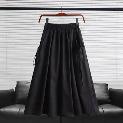 Cargo Skirt with Elastic Waist Side Pockets Solid Color A-Line Loose Fit Midi Skirt Workwear Style Drawstring Skirt